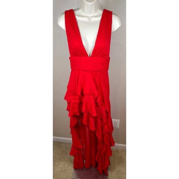 Alice + Olivia Bright Ruby Red Holly Asymmetric Ruffle Maxi Dress Size 2 - Picture 3 of 10